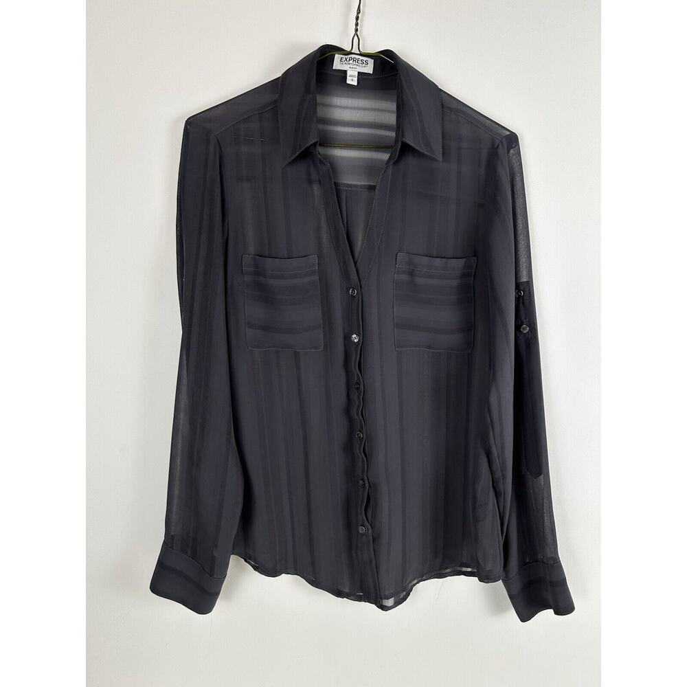 Express The Portofino Shirt Womens Small Sheer Stripe Blouse Top Roll Tab Sleeve